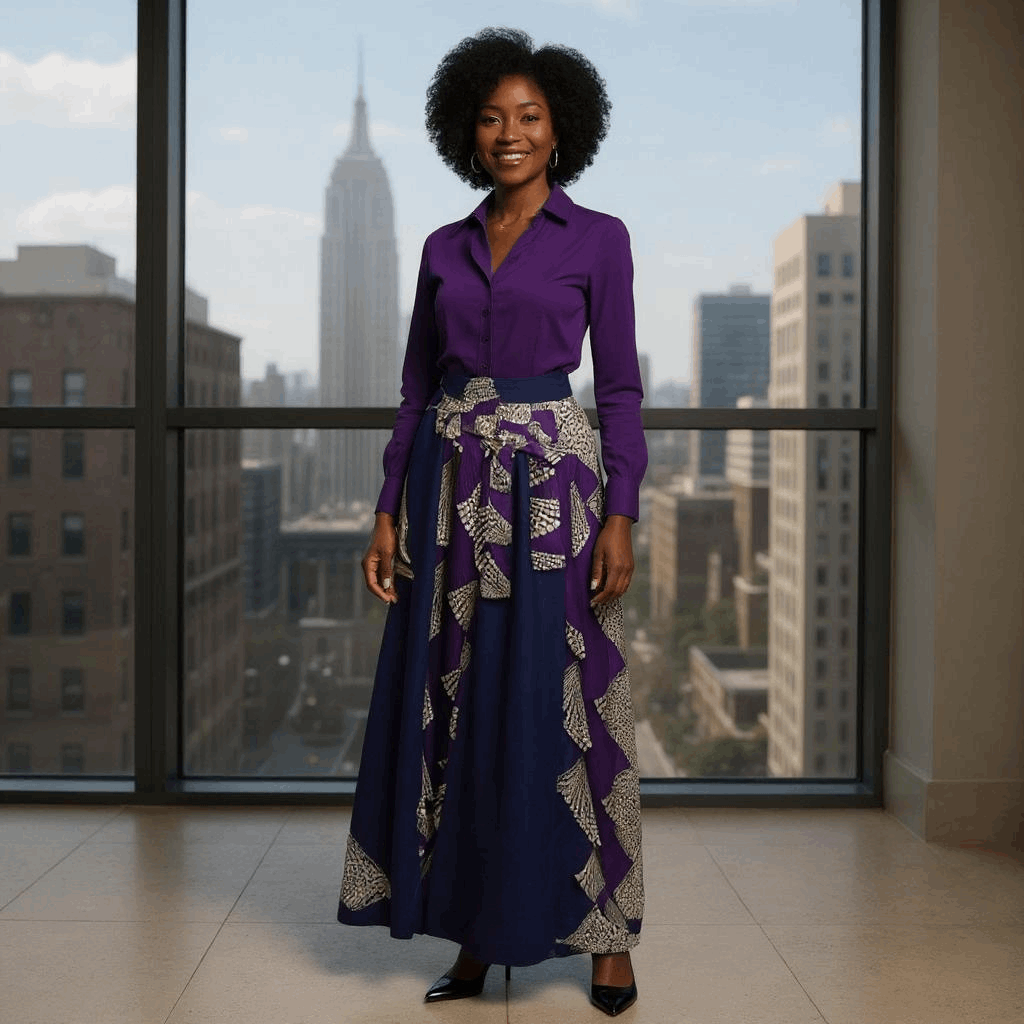 African Style Solid/Purple Print Long Skirt