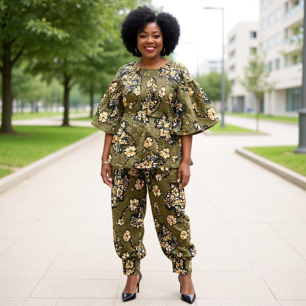 Women's Brown Floral African Print Smock Pants Set