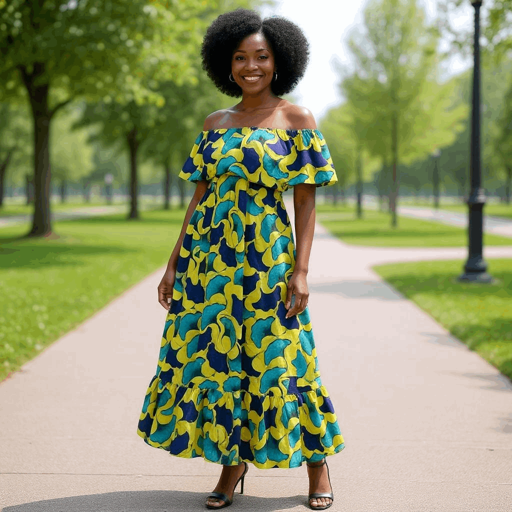 African Floral Print Long Front Frill Dress
