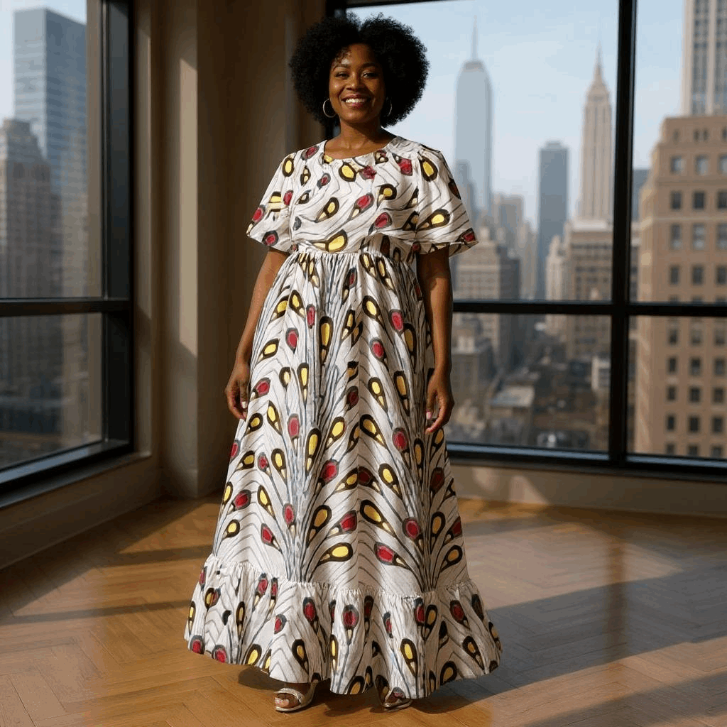 African White Peacock Print Long Front Frill Dress