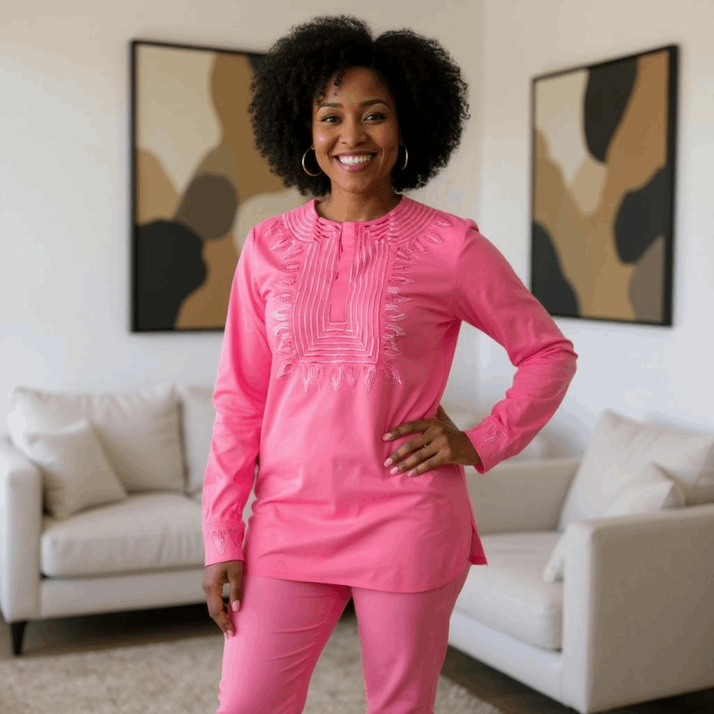 Pink T'Challa African Print Embroidered Long Sleeve Dashiki Shirt