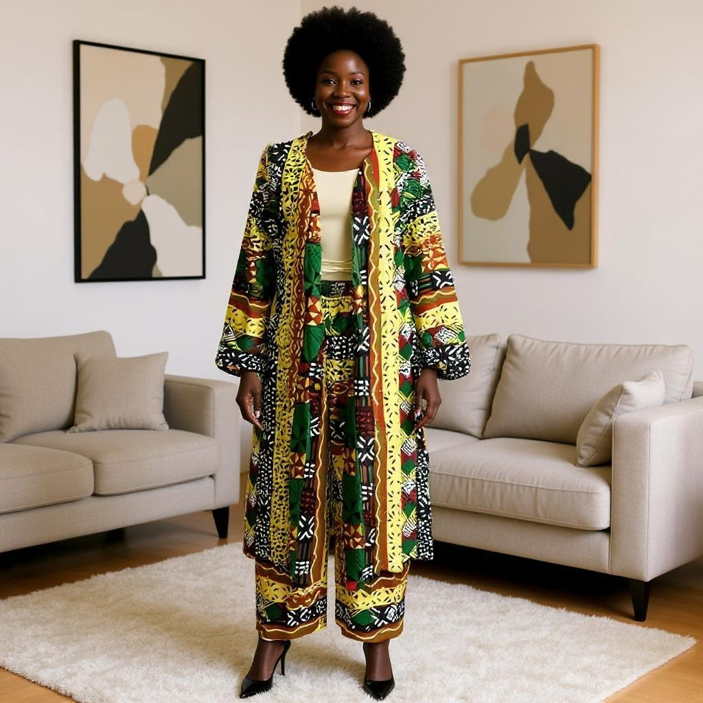African Ankara Print Long Duster & Pants Set (Green/Yellow Multi-Print)