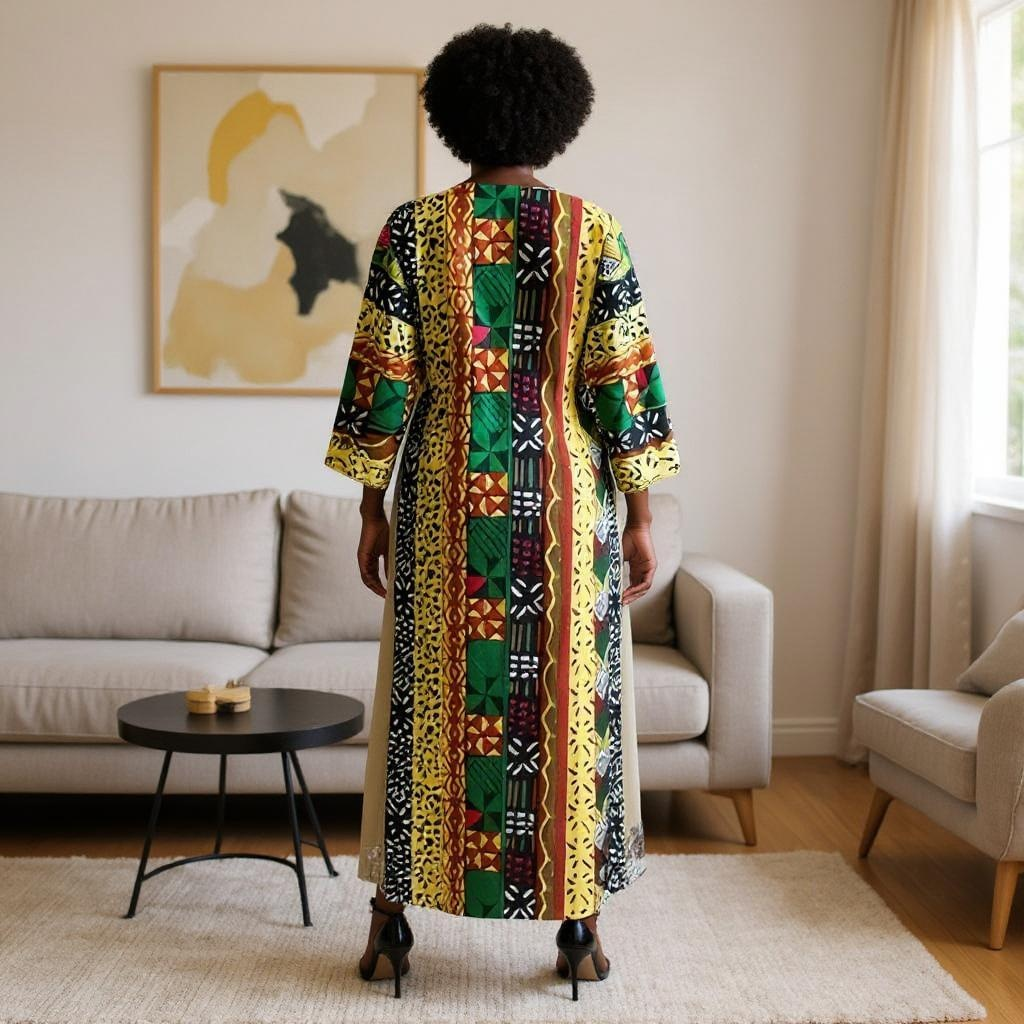 African Ankara Print Long Duster & Pants Set (Green/Yellow Multi-Print)