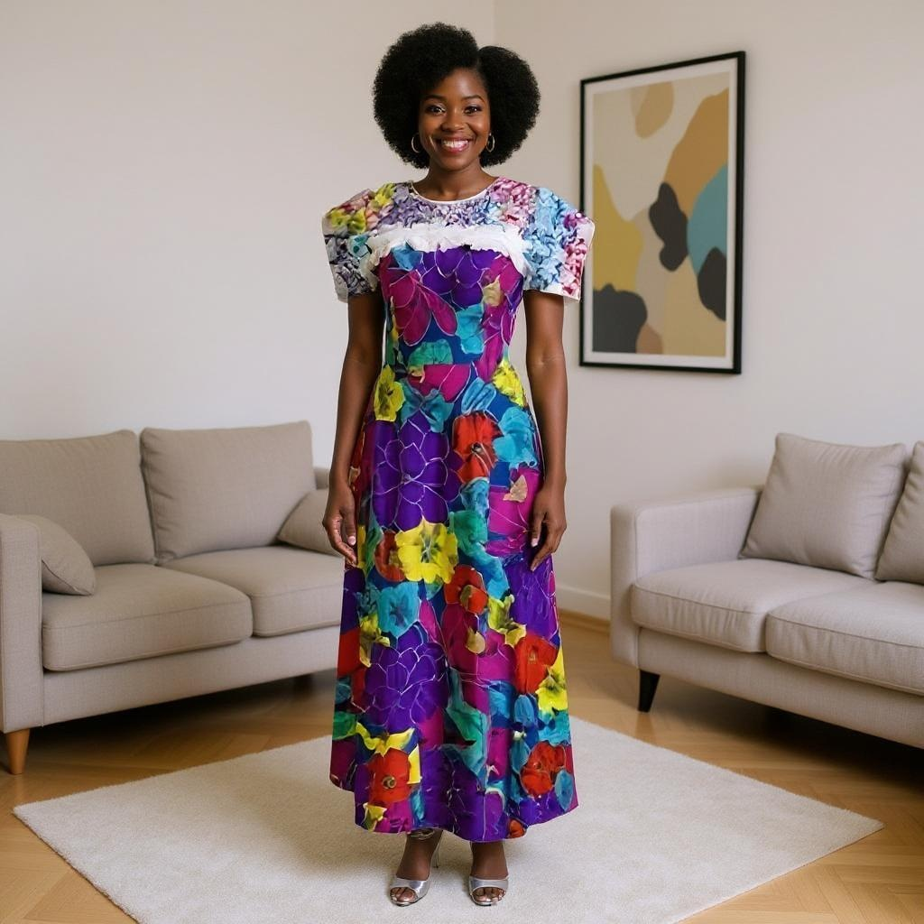 Africa-Made Hand Tailored Multi Floral Lace Print Dress (Size 14)