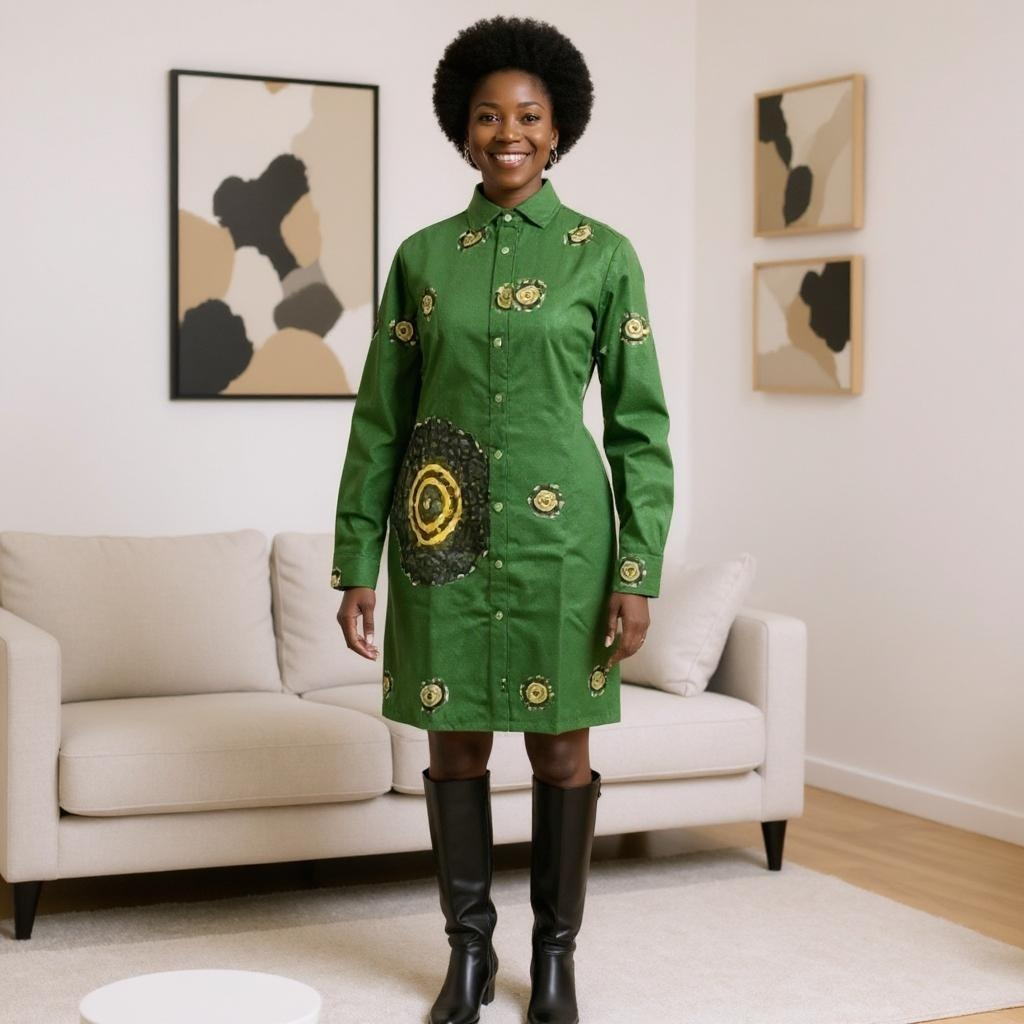 Green/Black/Orange African Print Button Down Dress (M)