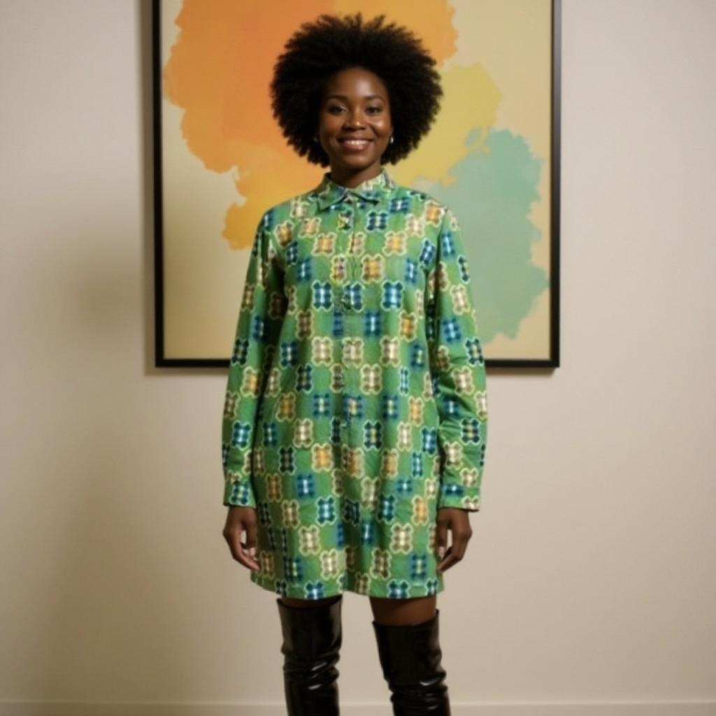 Green/Blue/Orange African Print Button Down Dress (XL)