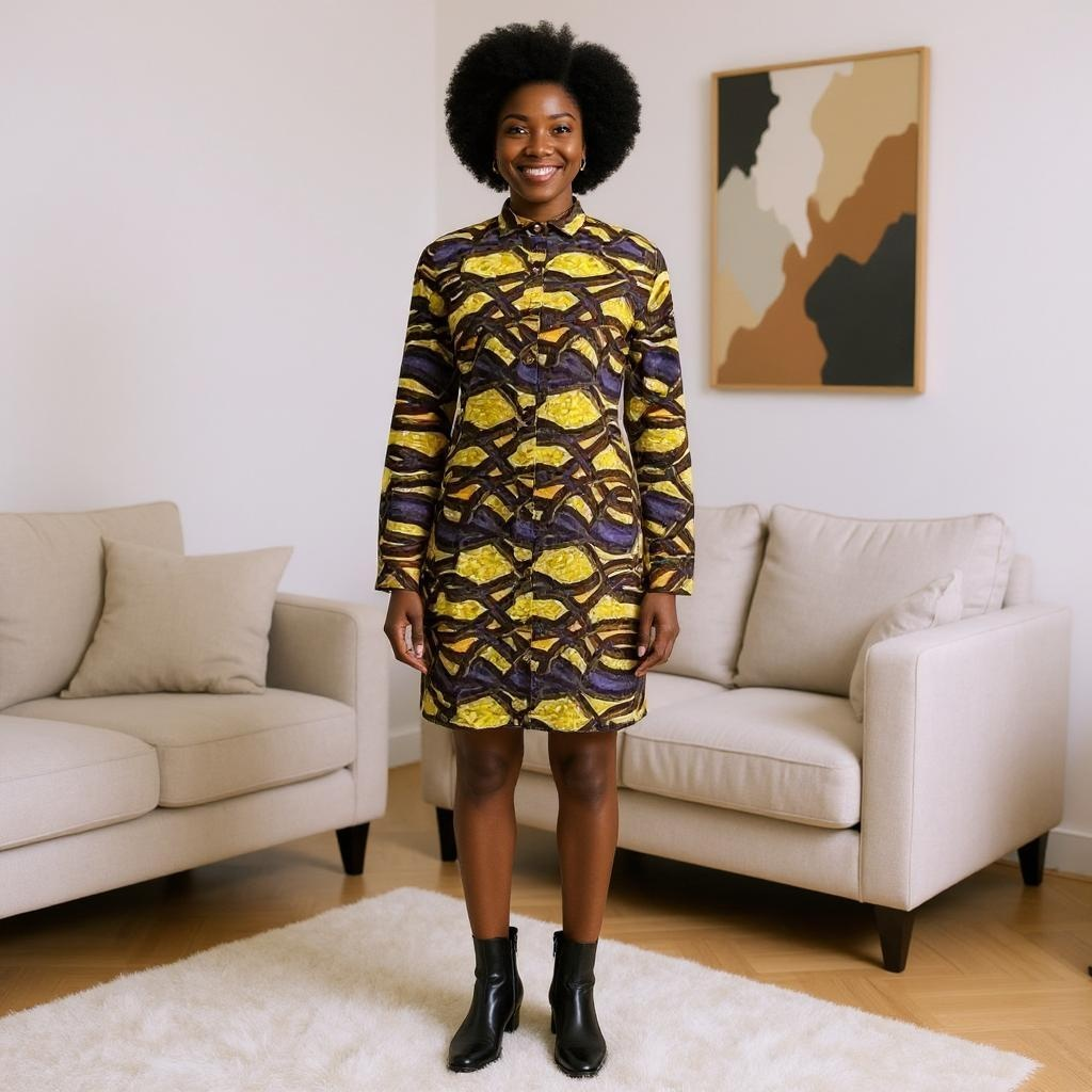 Brown/Yellow/Olive African Print Button Down Dress (L)