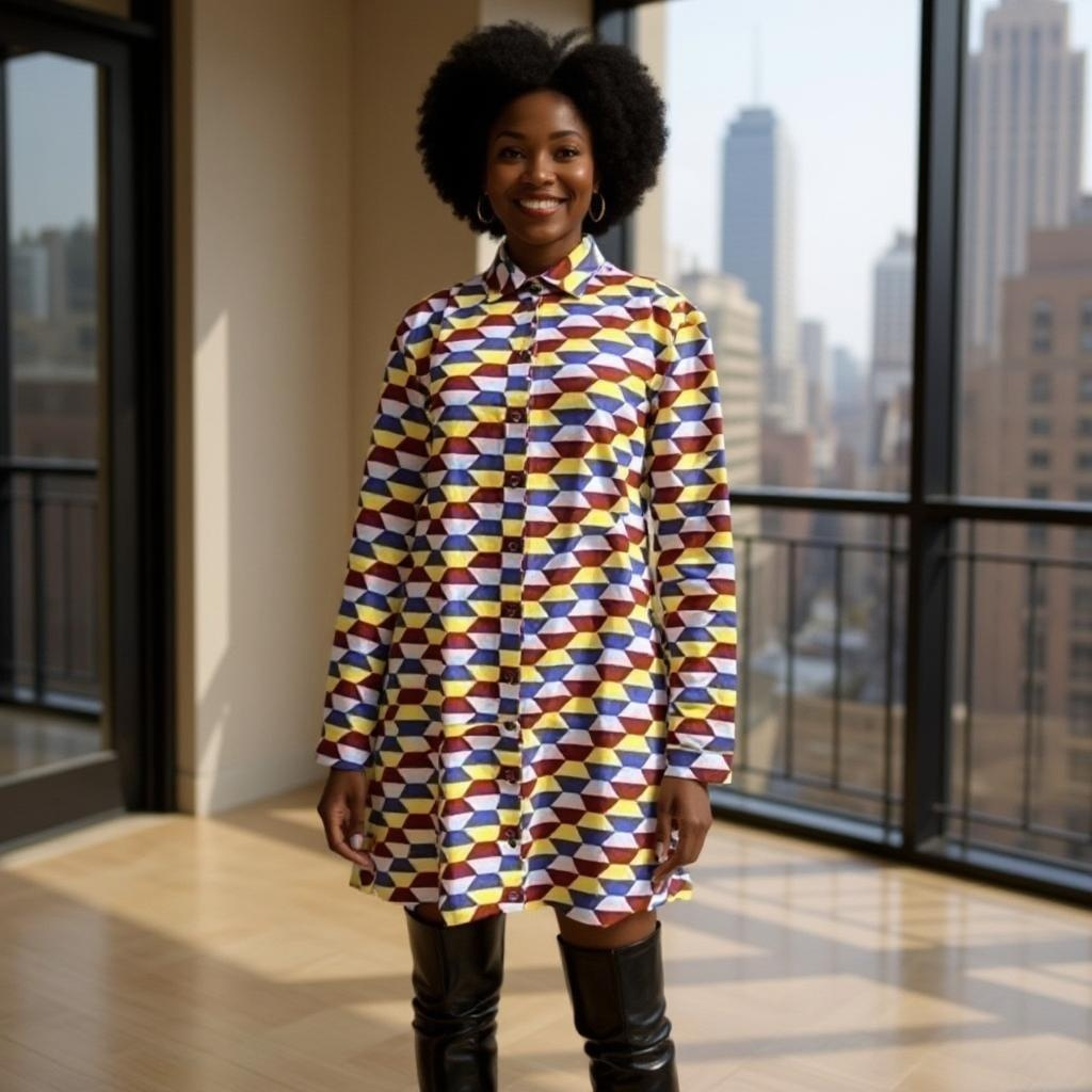 Purple/Yellow/Red African Print Button Down Dress (3XL)