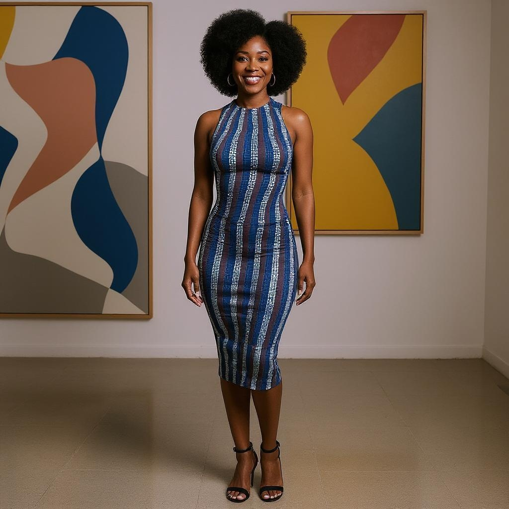 African Print Stretchy Ankara Multi-Blue Stripe Print Dress