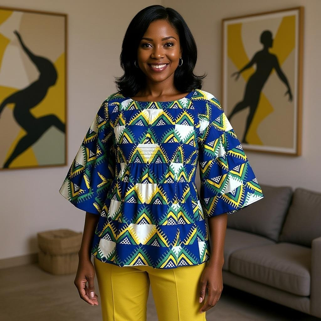 Ankara Double Layer Blue White Print Smoked Peplum Blouse