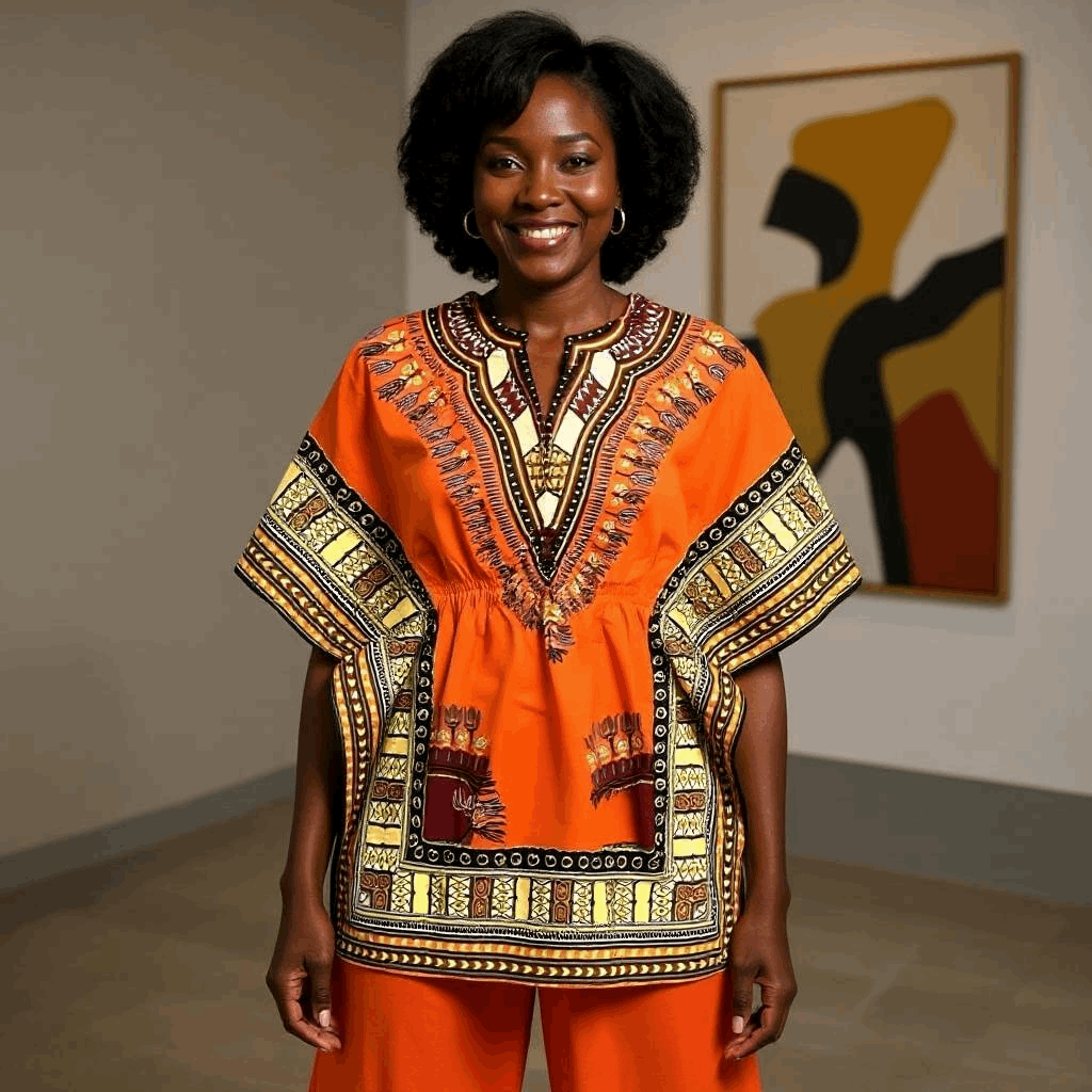 Women's Orange Elastic Waist Dashiki Top