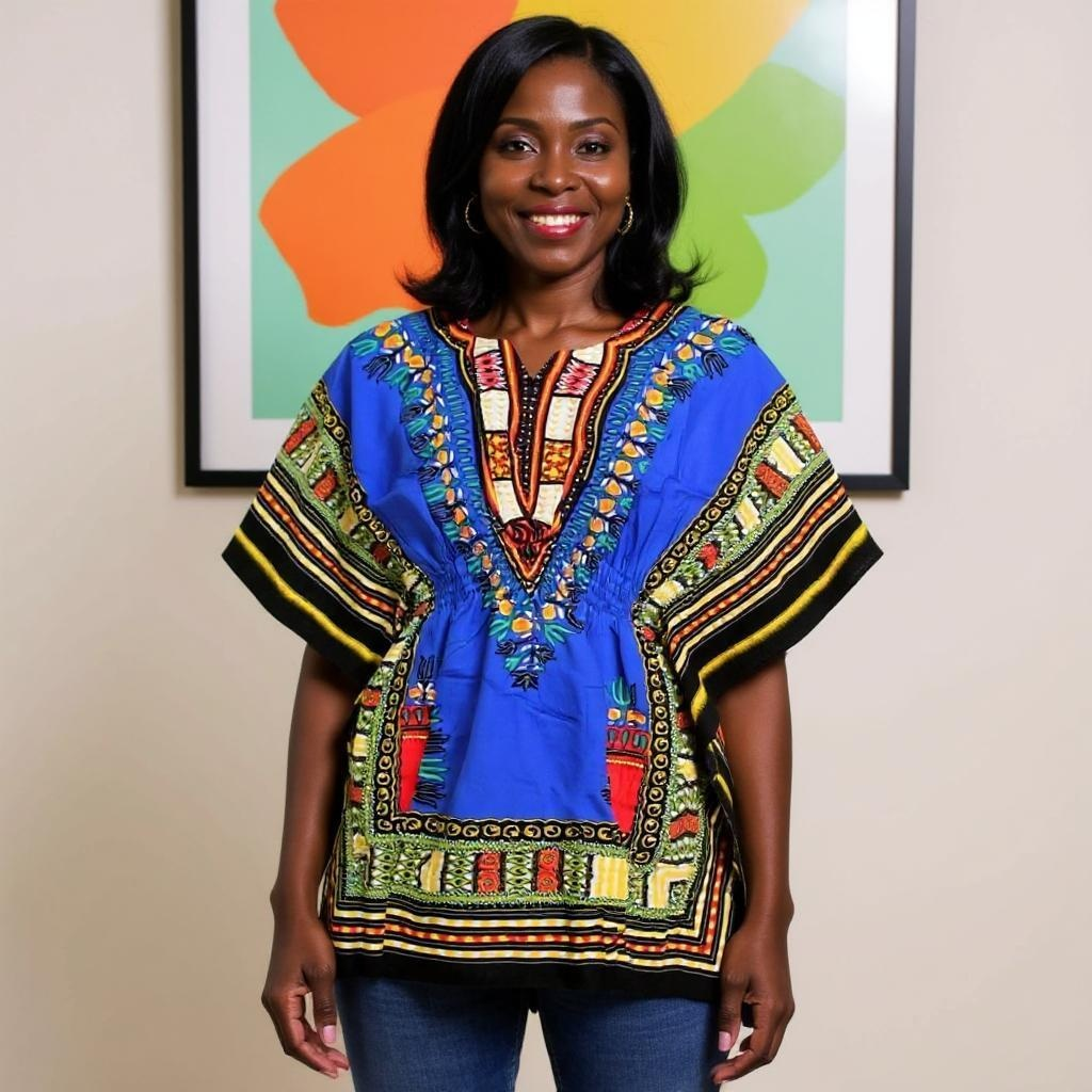 Women African Dashiki Shirt Dress w/ Elastic Waist Band (Free Size)