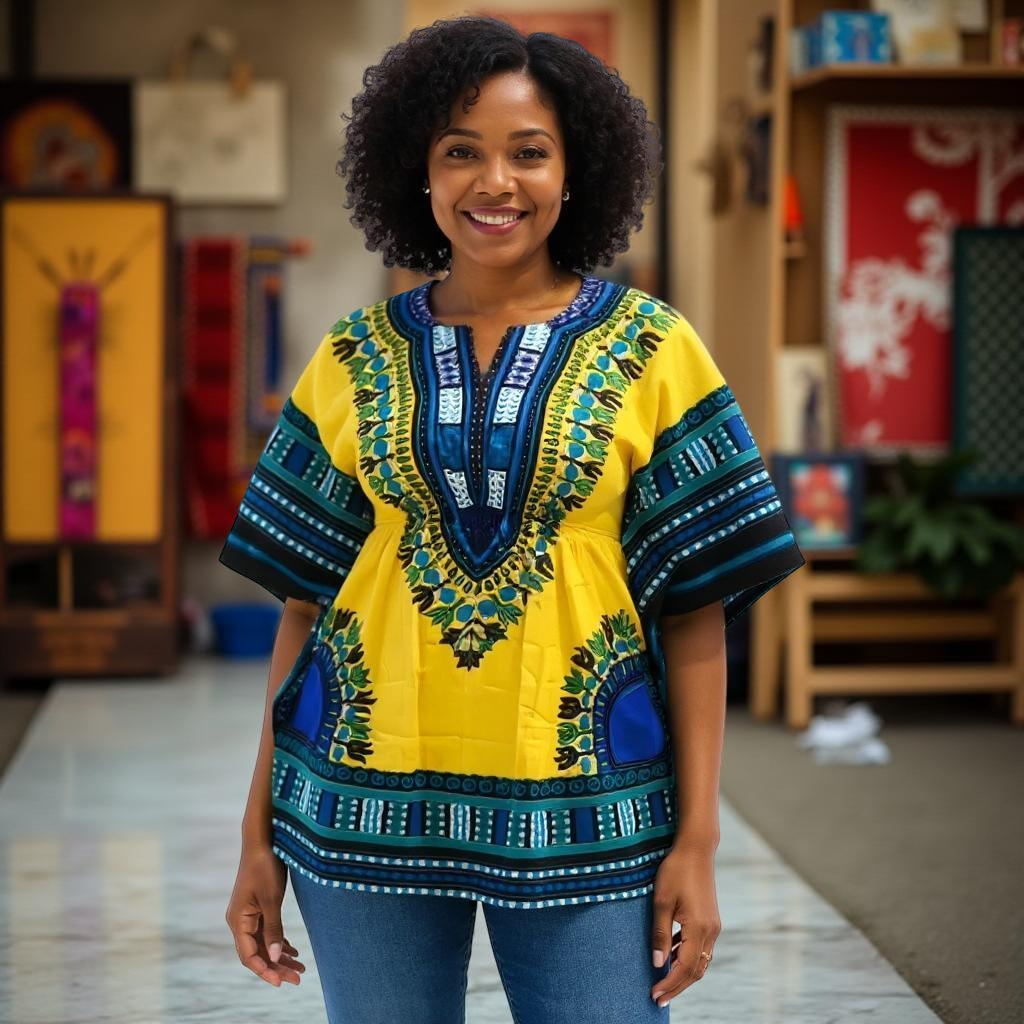 Women African Dashiki Shirt Dress w/ Elastic Waist Band (Free Size)