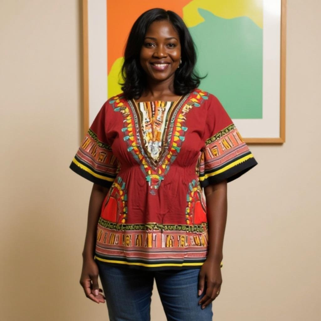 Women African Dashiki Shirt Dress w/ Elastic Waist Band (Free Size)