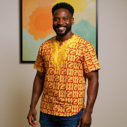 African Men's Red Gold Print Short Sleeve Dashiki Shirt