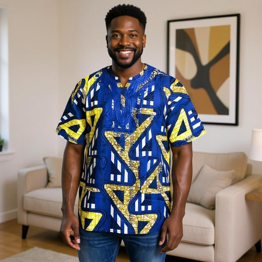 African Men's Blue/Yellow Print Short Sleeve Dashiki Shirt