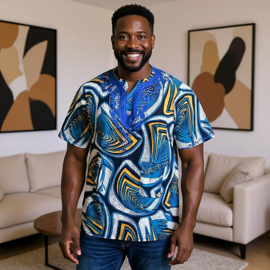 African Men's Blue Print Short Sleeve Dashiki Shirt