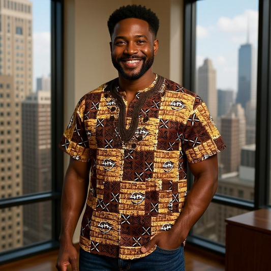 African Men's Brown Print Short Sleeve Dashiki Shirt (XL)