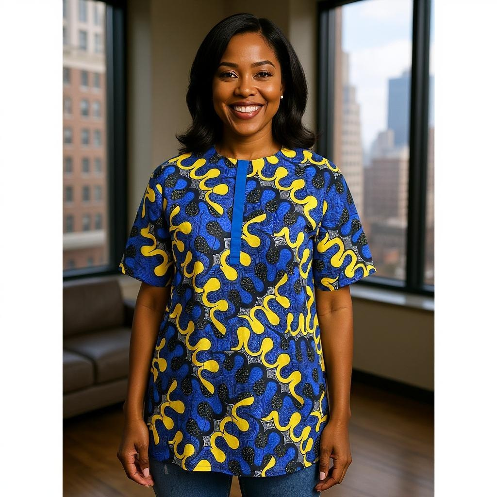 Men's African Multicolor Blue/Yellow Print Short Sleeve Dashiki Shirt