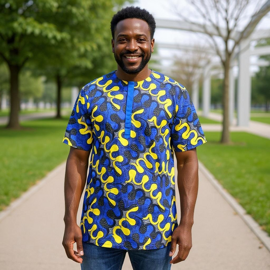 Men's African Multicolor Blue/Yellow Print Short Sleeve Dashiki Shirt