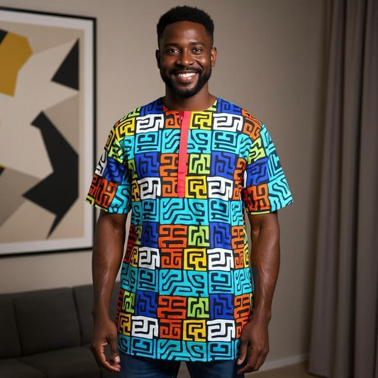 Men's African Multicolor Geometric Print Short Sleeve Dashiki Shirt