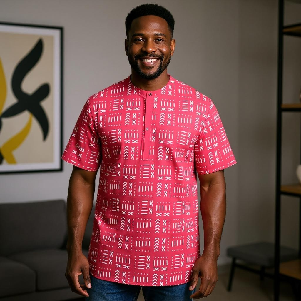African Men's Red-White Mud Style Dashiki Shirt