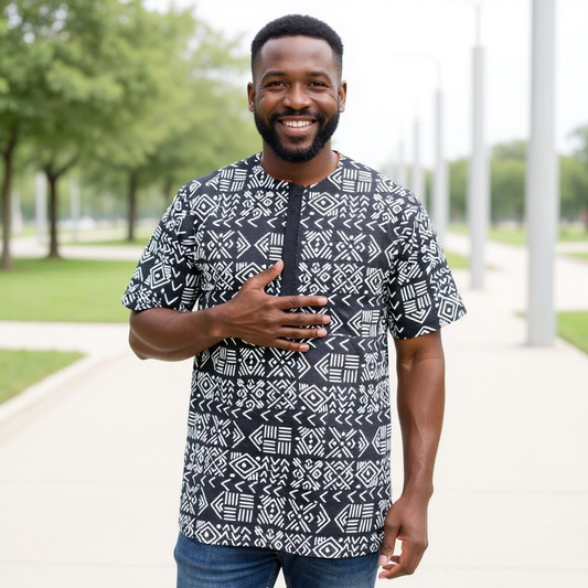 African Men's Black/White Short Sleeve Dashiki Shirt