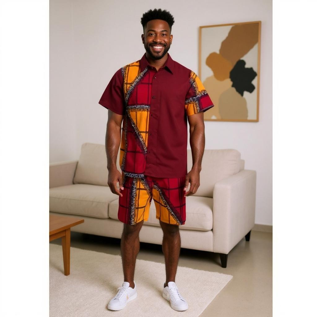 Men's Red/Gold African Print Shorts Set