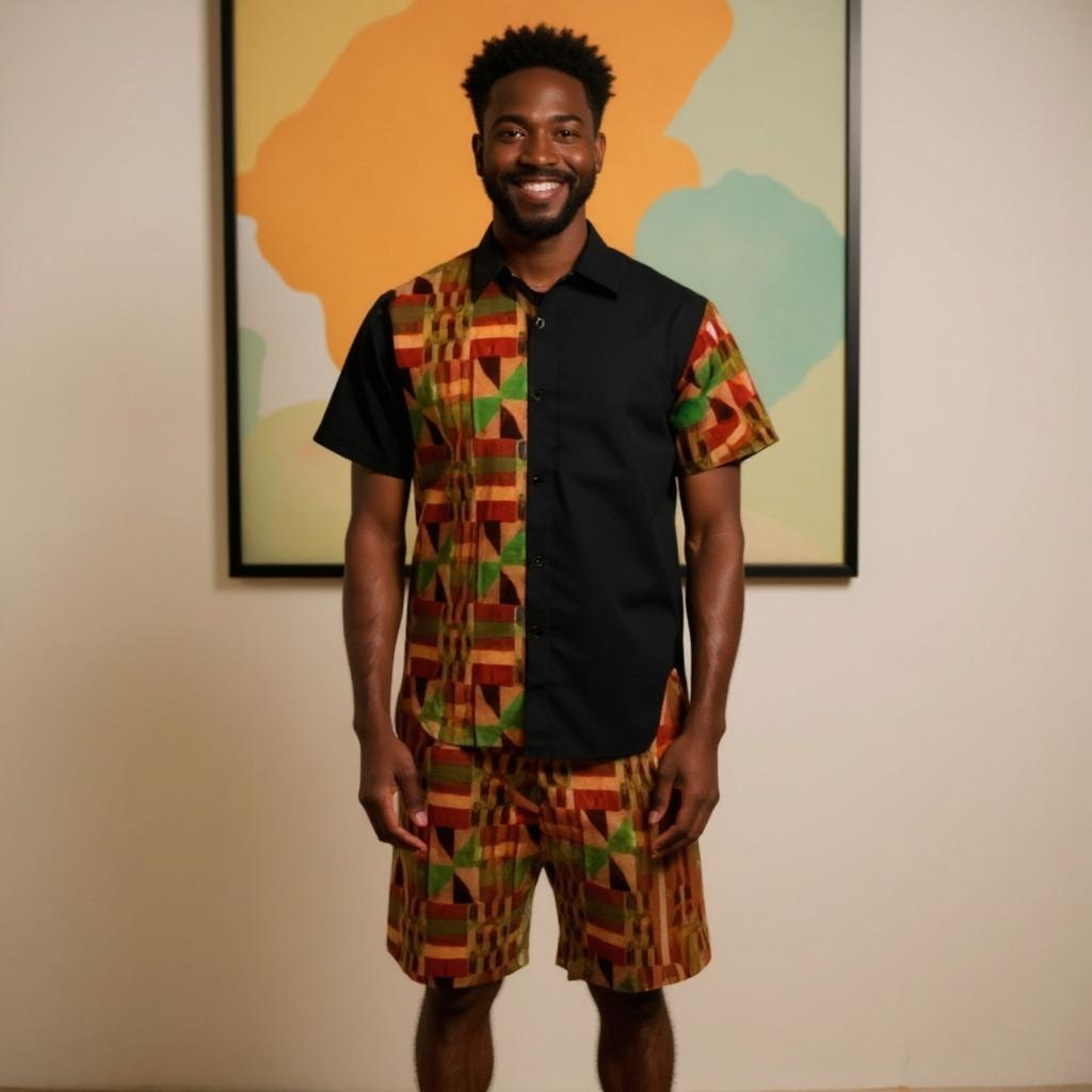 Men's Black/Kente African Print Shorts Set