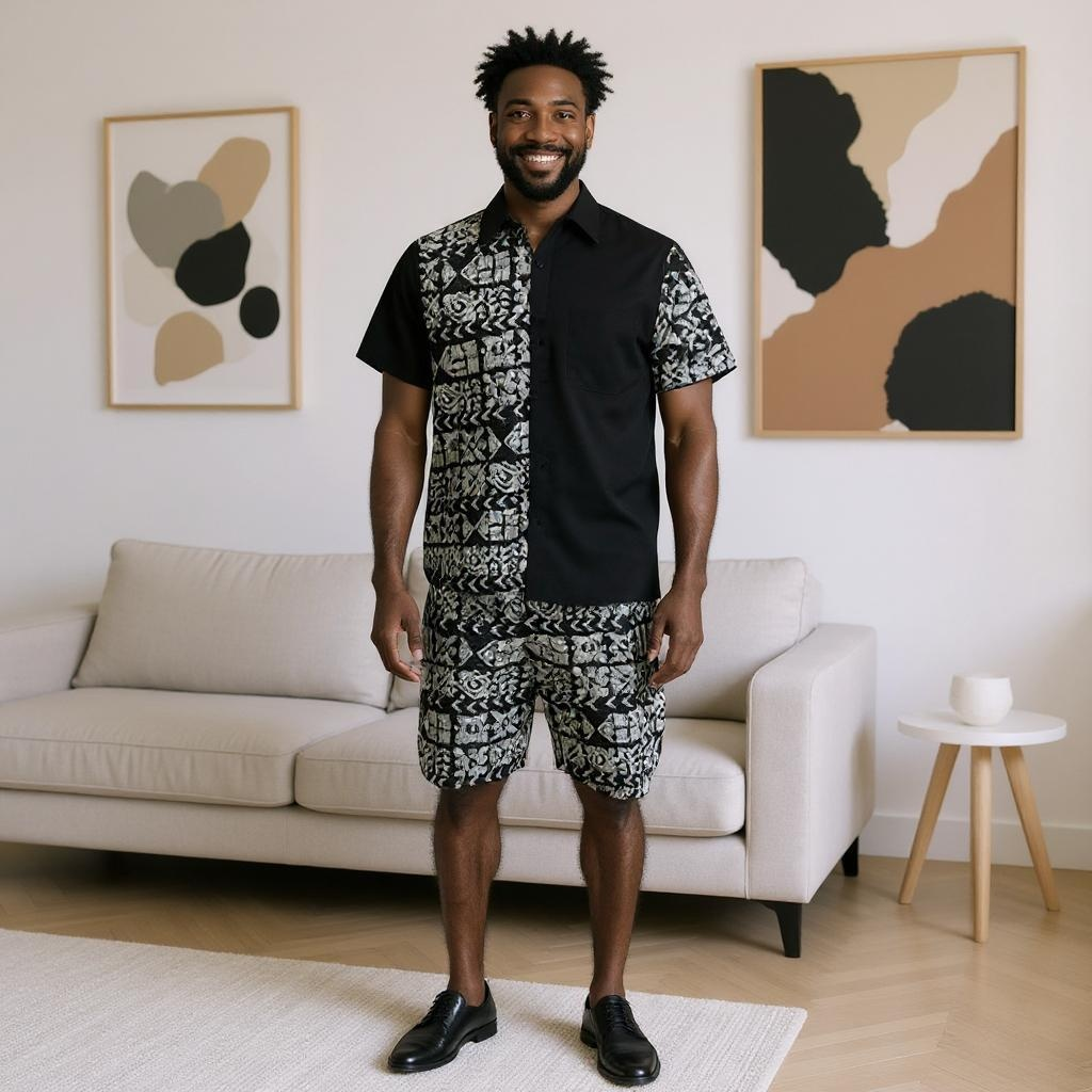 Men's Black/White African Print Shorts Set