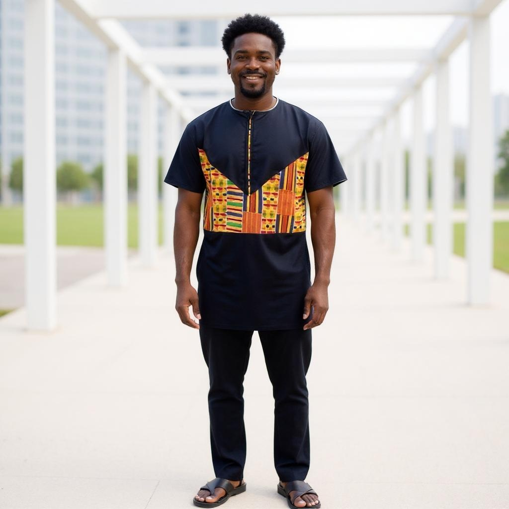 Men's African Trim Black/Orange Kente Top, Pants & Hat Set (XL)