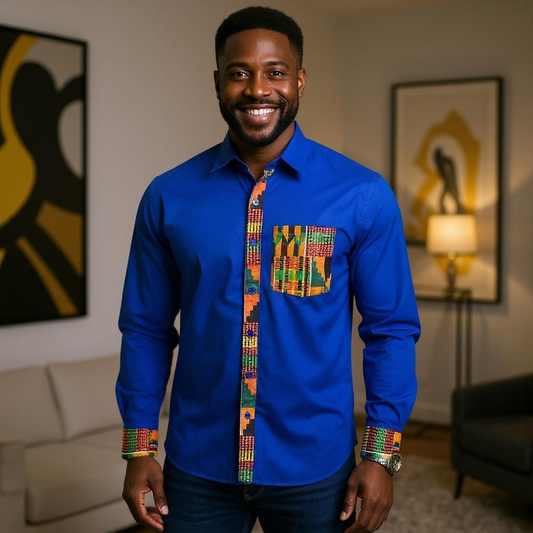 Men's African Blue Kente Print Full Sleeve Shirt