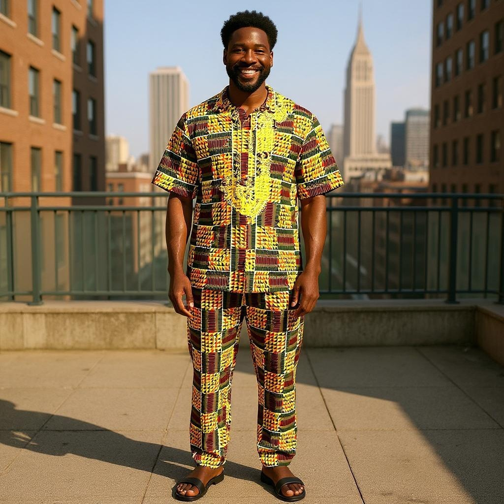 Men's Green Kente Print Dashiki Pants Set (Medium)