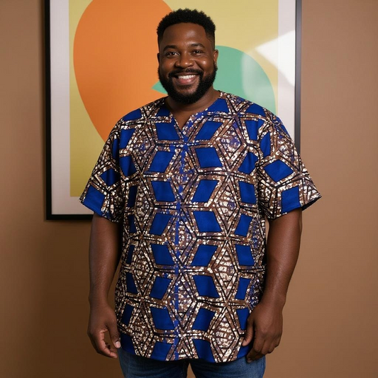 Men's Blue/Bronze African Print Embroidered Dashiki Shirt