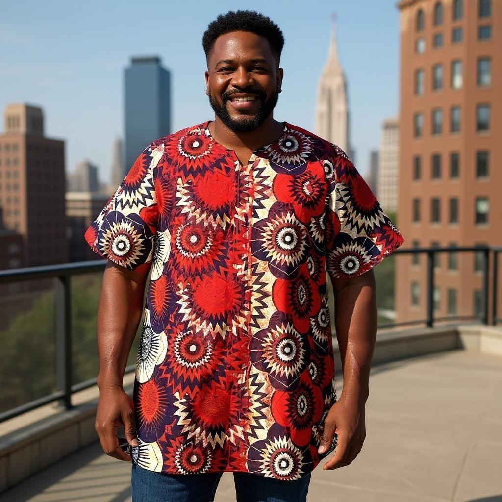 Men's Red African Print Embroidered Dashiki Shirt