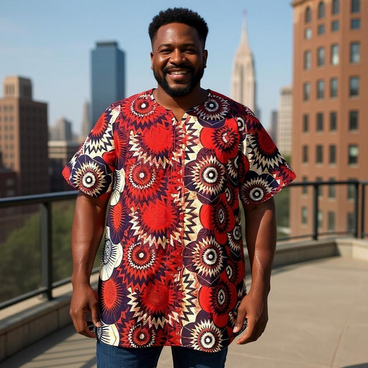 Men's Red African Print Embroidered Dashiki Shirt