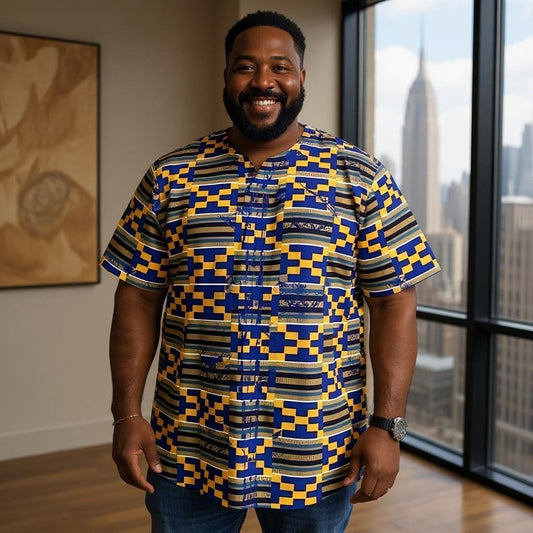 Men's Blue/Gold African Print Embroidered Dashiki Shirt