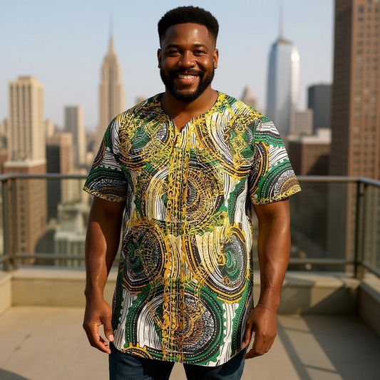 Men's Green/Gold African Print Embroidered Dashiki Shirt 4XL