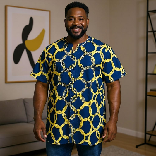 Men's Blue/Yellow African Print Embroidered Dashiki Shirt