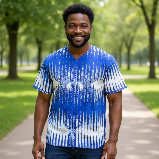 Men's Blue/Gray African Print Embroidered Dashiki Shirt