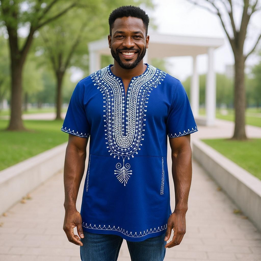 Blue & White Embroidered Dashiki Shirt