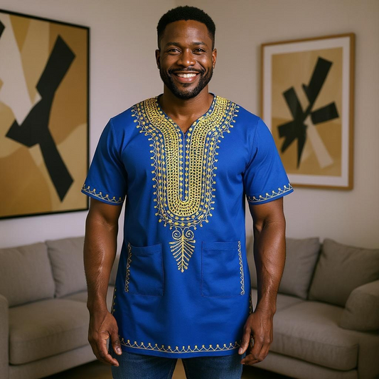 Blue & Gold Embroidered Dashiki Shirt