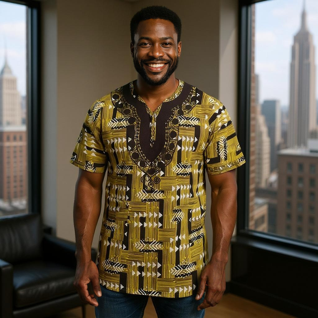 Men's African Print Embroidered Dashiki Shirt (Large)