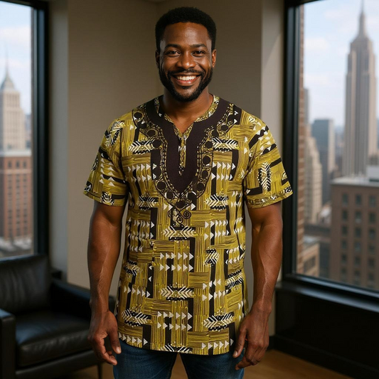 Men's African Print Embroidered Dashiki Shirt (Large)