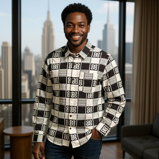 Men's Full Sleeve African White/Black Print Shirt