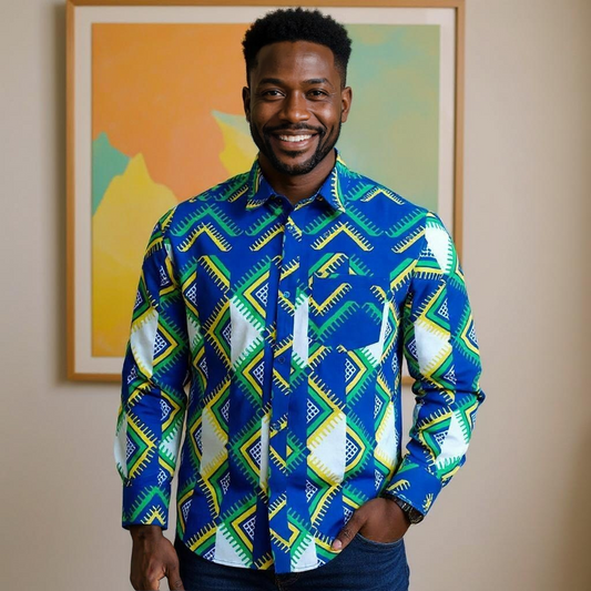 Men's Full Sleeve African Blue White Print Shirt