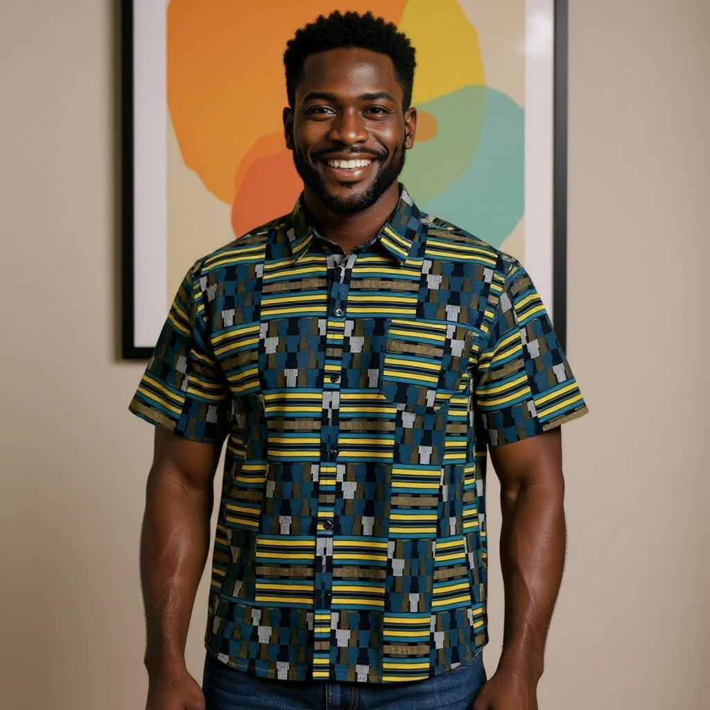 Men's African Print Short Sleeve Button Down Shirt (Medium)