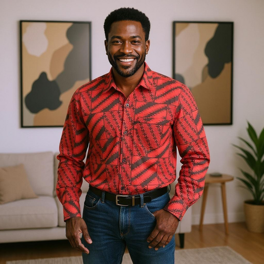 Men's Full Sleeve African Red/Black Print Shirt