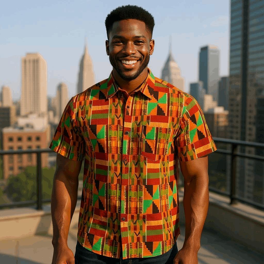 Men's African Kente Print Short Sleeve Button Down Shirt
