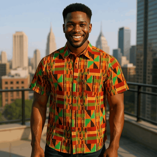 Men's African Kente Print Short Sleeve Button Down Shirt